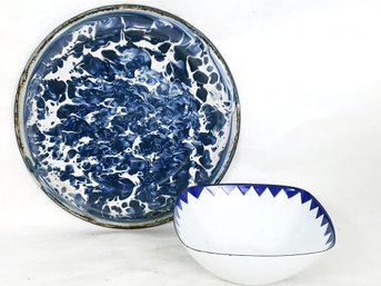 Blue Enamel Swirl Plate And Bowl