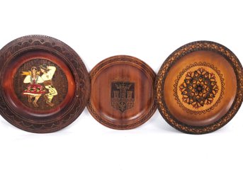 3 Polish Pyrography Plates With Inlaid Brass Accents