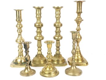 7 Vintage Brass Candlesticks,  1 Nice Pair