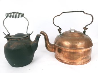 2 Vintage Kettles,  Copper And Cast Iron