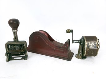 Antique Office Lot, Cast Iron Tape Dispenser, Automatic Numbering Stamp