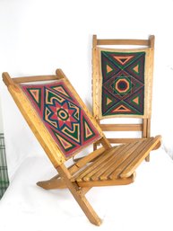 1950s 60s Boho Hippie Beach Chairs With Embroidered Leather Backs