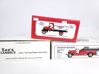 3 Diecast Bank Delivery And Fire Trucks