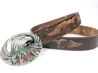 EJC Belt Buckelt On Tooled Leather Belt With Eagles Size 34