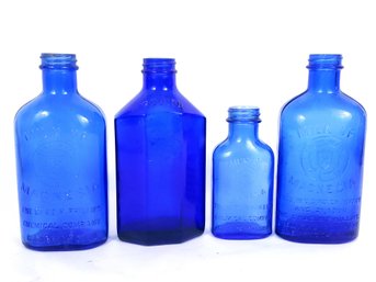 4 Cobalt Blue Glass Bottles, 3 Milk Of Magnesia