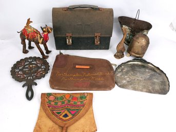 Miced Vintage Smalls Lot, Lunchbox, Bell, Leather Bag And More