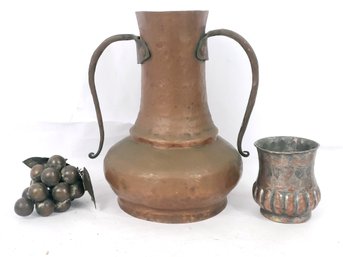 Nice Unique Metal Lot, Hammered Vase,  Grape Bunch, Egypt Tooled Copper