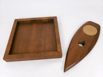 Mid Century Teak Wine Bottle Holder And Dansk Wooden Tray