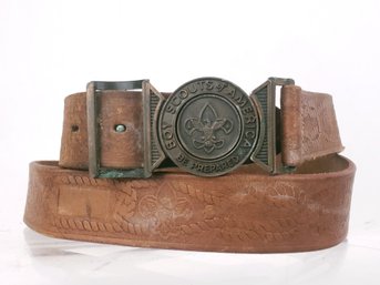 Antiquetooled Leather  Boy Scouts Belt With Friction Buckle