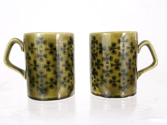 Par Of Arklow Irish Pottery Coffee Mugs With Shamrocks
