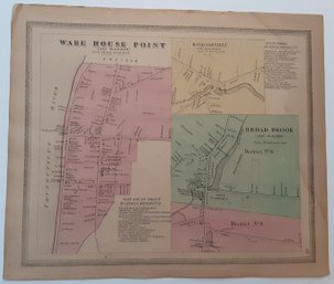 1869 MAP  WARE HOUSE POINT & BROAD BROOK COL. BY KELLOGG & BULKELEY, APPROX. 17 3/4 X 14 1