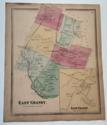 1869 MAP,EAST GRANBY, PUB. BY BAKER & TILDEN, ENG.,PRINT. & COL.BY KELLOGG & BULKELEY, APPR. 17 3/4 X 14 1/2