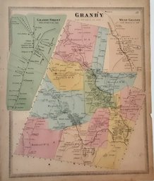 1869 MAP, Granby PUB. BY BAKER & TILDEN, ENG., PRINT. & COL. BY KELLOGG & BULKELEY, APPROX. 17 3/4 X 14 1/2