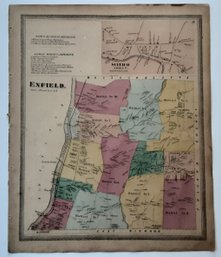 1869 MAP, ENFIELD, CT.  ,PUB. BY BAKER & TILDEN, ENG., PRINT COL. BY KELLOGG & BULKELEY, APPR. 17 3/4 X 14 1/2