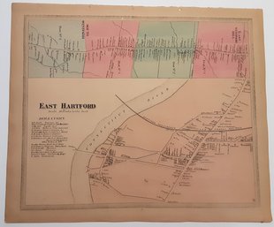 1860s MAP OF EAST HARTFORD, CT. , 4 DISTRICTS FROM E. WINDSOR HILL TO S. WINDSOR  & CT. RIVER , W/ DIRECTORY