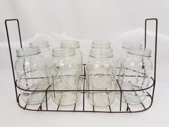 Vintage Wire Bottle Carrying Rack With Mason Jars