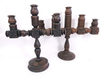 2 Primitive Style Carved Wood Candlesticks