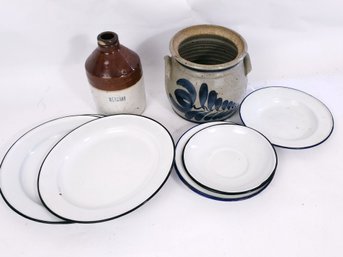 Enamel Plates, Mercury Stoneware Jug And Blue Decorated Stoneware
