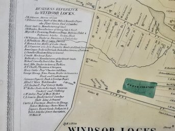 1860s MAP OF WINDSOR LOCKS, CT.  W/ Directory SHOWING NEW HAVEN & SPRINGFIELD, R.R.
