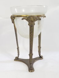 Nice Crackle Glass Bowl In Brass Ram Head Stand