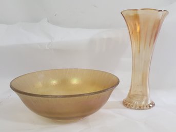 Marigold Carnival Glass Vase And Stretch Glass Bowl