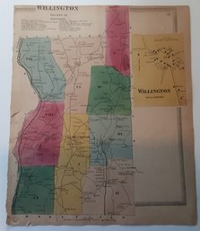 1860'S MAP OF WILLINGTON , TOLLAND COUNTY ,CT., SURROUNDING DISTRICTS & BUSINESS REFERENCE 3/4 X 14 X 3/4