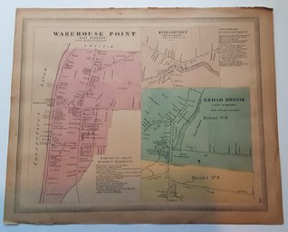 1860'S MAP OF WAREHOUSE POINT & BROAD BROOK ,CT., SURROUNDING DISTRICTS & BUSINESS REFERENCES 3/4 X 14 X 3/4