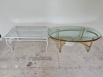 Pair Of Indoor And Outdoor Coffee Tables - Brass With Thick Glass Top And Wrought Iron With Glass Insert