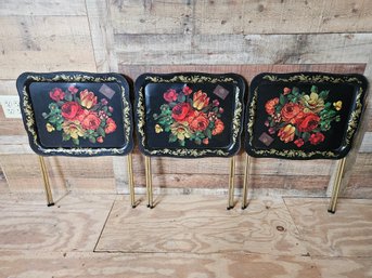 Group Of 3 Vintage MCM Crestline Industries Flower Painted Folding Tin Trays TV Tables