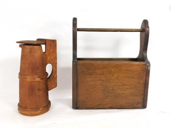 Primitive Staved Wood Pitcher And 1970s Signed Organizer Caddy