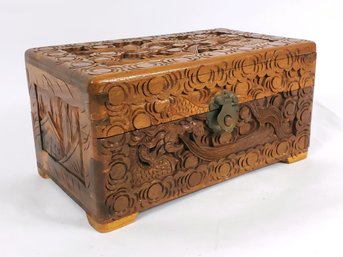 Heavily Carved Asian Style Wood Trinket Box