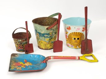 Group Of Vintage Childs Sand Buckets And Shovels, Disney, Ohio Art