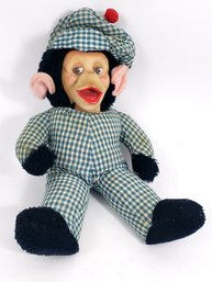 Vintage Blue Plaid Mr. Bim Zippy Rubber Faced Plush Monkey Gund Train Conductor