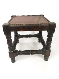 Vintage Wooden Stool With Leather Top