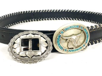 Taiwan ROC And  Turquoise Bull  Western Belt Buckles With Circle Y Leather Belt Size 42