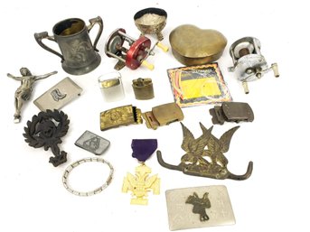 Whatnot Flea Market Mixed Smalls Lot, Fishing Reels, Lighters, Belt Buckles, Crucifix, Medals And More