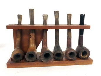 Mid Century Pipe Stand With 6 Tobacco Pipes, Various Makers