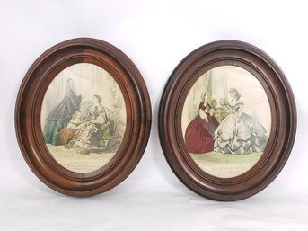 Pair Of French Prints In Oval Walnut Frames