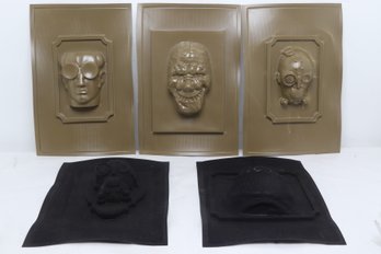 5 Halloween Wall Hanging 3D 'Framed Face/Head Molds' In Black Velvet & Gold Colored Plastic