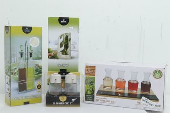 4pc Kitchen & Wine Tasting Flight Set: Oil/Vinegar Bottle Set & Cruet Set, & Herb Keeper