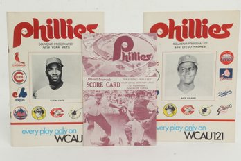 1970 & 1973 PHILLIES VS PADRES VS METS SOUVENIR PROGRAM SCORE CARD LOT 3 NICE SHAPE CLEON JONES NATE COLBERT