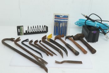 Assorted Tool Lot: Pry Bars, Hammers, Star Point Socket Set, OneAC Conditioned Power (PC180A) & More