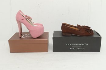 2 Pairs Ladies Shoes: V. Colasanto Pink Suede Heels (7) & Jonndo Brown Suede Penny Loafers (6 1/2)