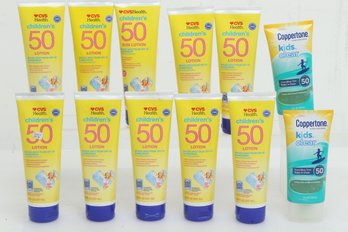 Suntan Lotion Lot: 10 CVS Heath Children's SPF 50 Lotion & 2 Coppertone SPF 50 Kids Clear