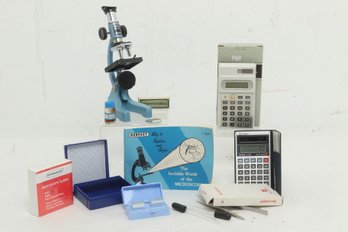 Vintage 'Perfect' Microscope Set W/Slides & Accessories, N.O.S. Sharp EL326 A & Casio HQ-21 Calculators