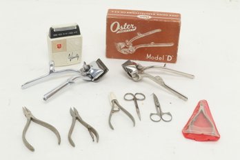 Grouping Of Vintage Oster Model D Clippers, Schick Electric Razor & Other Grooming Tools