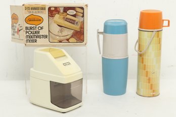 Grouping Of Vintage Thermoses, Ice Crusher, & Sunbeam Mixmaster Mixer In Original Box