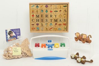 Grouping Of Toddler Toys: Wooden ABC Blocks, 'Music Blocks',  Monkeys & Large Wood Dino Puzzle