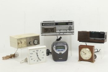 Grouping Of Miscellaneous (Mostly) Vintage Alarm Clocks & Radio Alarm Clocks (GE, Panasonic, ETC.)