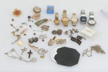 Assorted Cufflink, Watch, Pins, Religious  Lot  Watches Parts Or Repair
